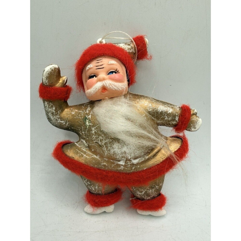 Vintage MCM Plastic Gold Santa Big Hips w/ Red Felt Christmas Ornament